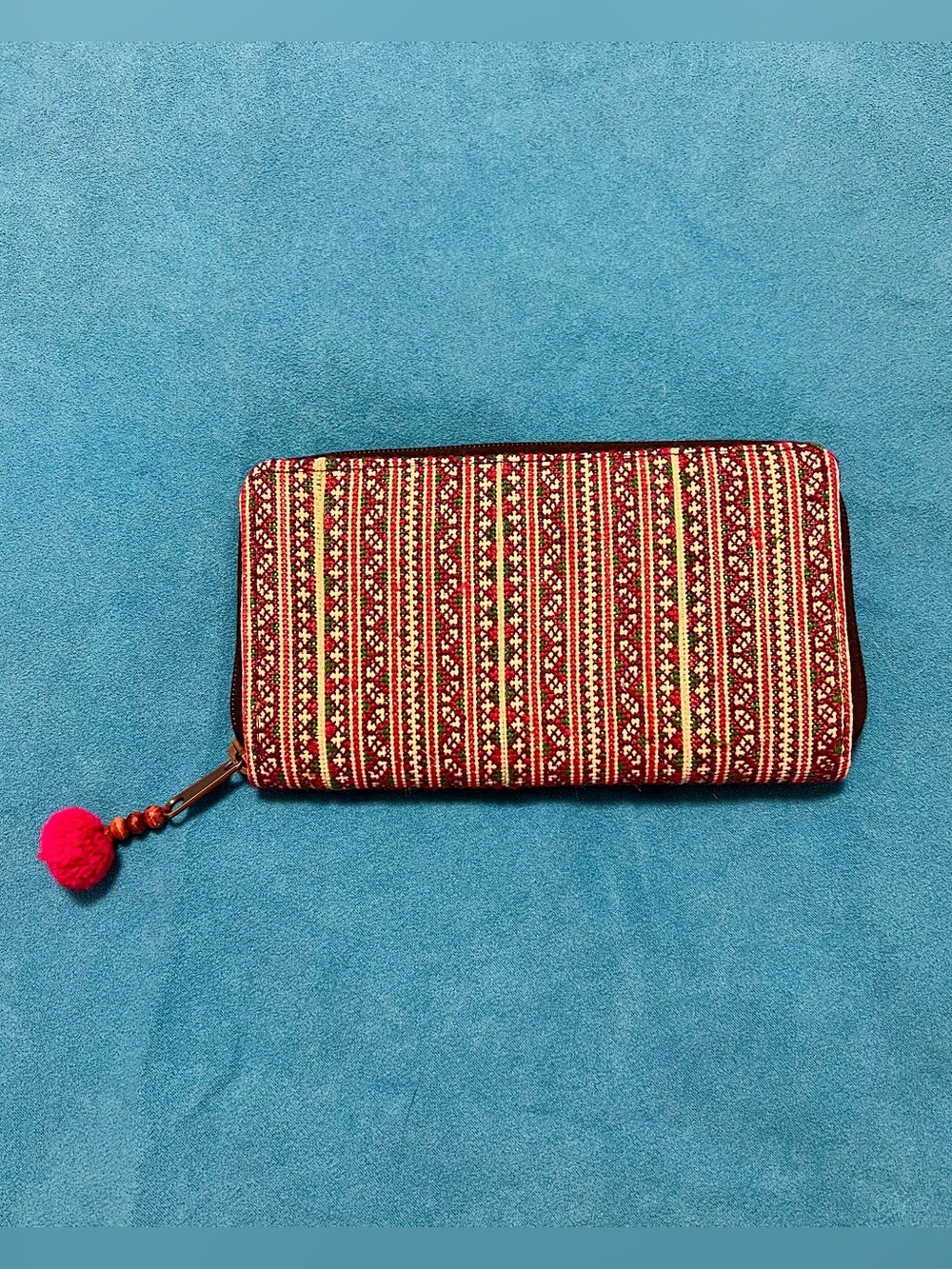Boho Green and Pink Red Patterned Zip Wallet with Pink Pom Accent